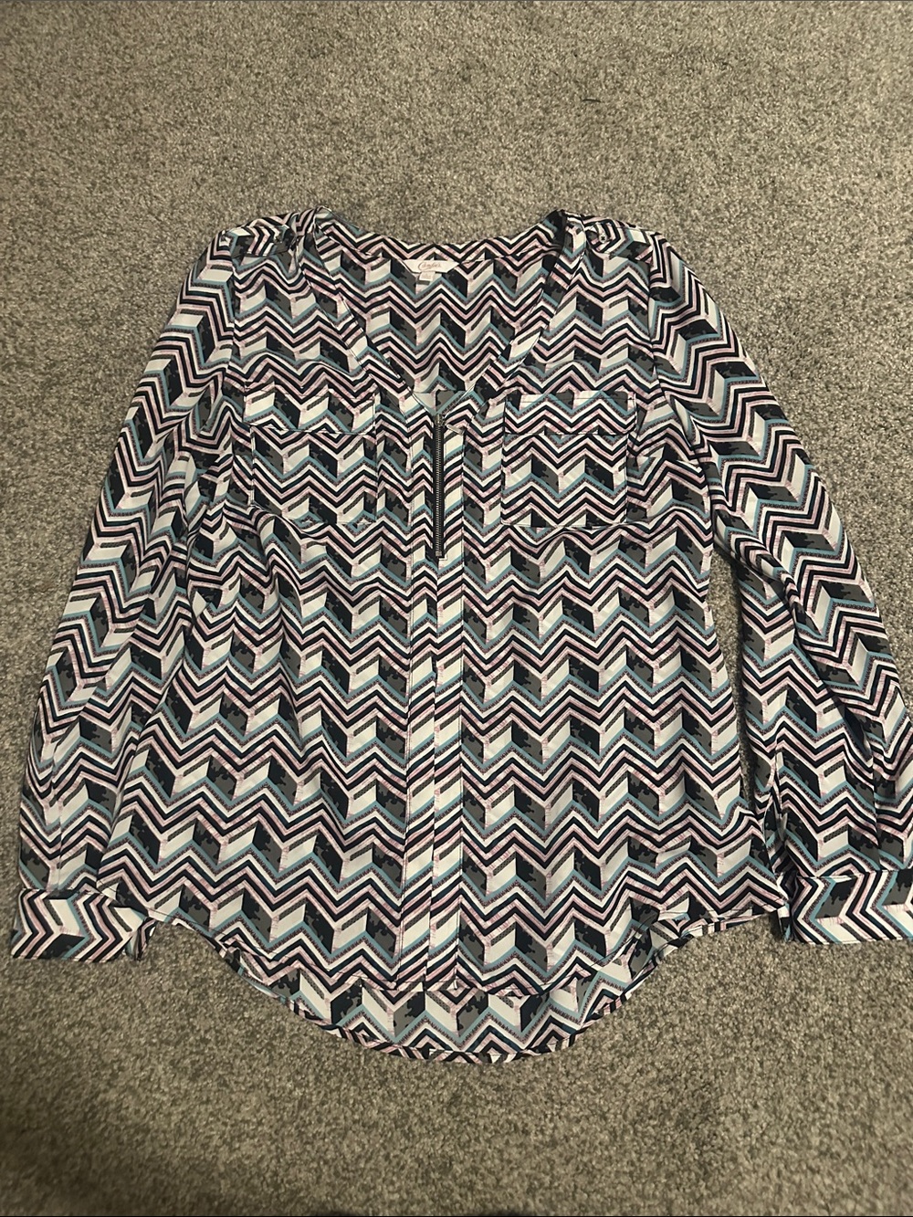 Candie's Chevron Print Long Sleeve Blouse - Navy, Teal & White